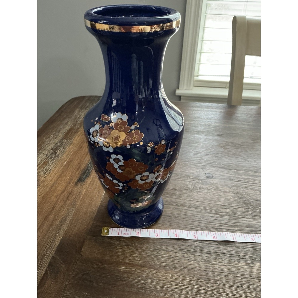 VTG Japanese Cobalt Blue Floral Vase with Gold Trim – 10" Hand-Painted Porcelain - Picture 11 of 11